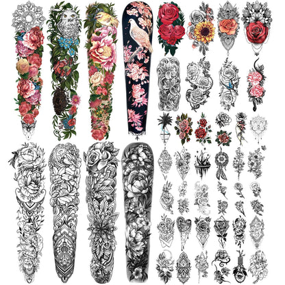 Yazhiji 46-Sheet Full Arm Temporary Tattoos for Women – Realistic Floral Sleeve (Peony, Bird, Daisy, Rose, Chrysanthemum)