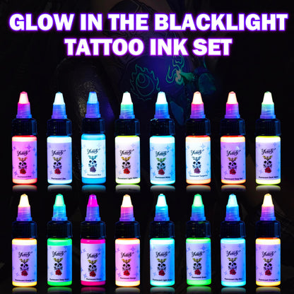 Ybeauty 16 Color Tattoo Ink Set – 16x 15ml Fluorescent UV Glow Inks for Halloween & Cosplay