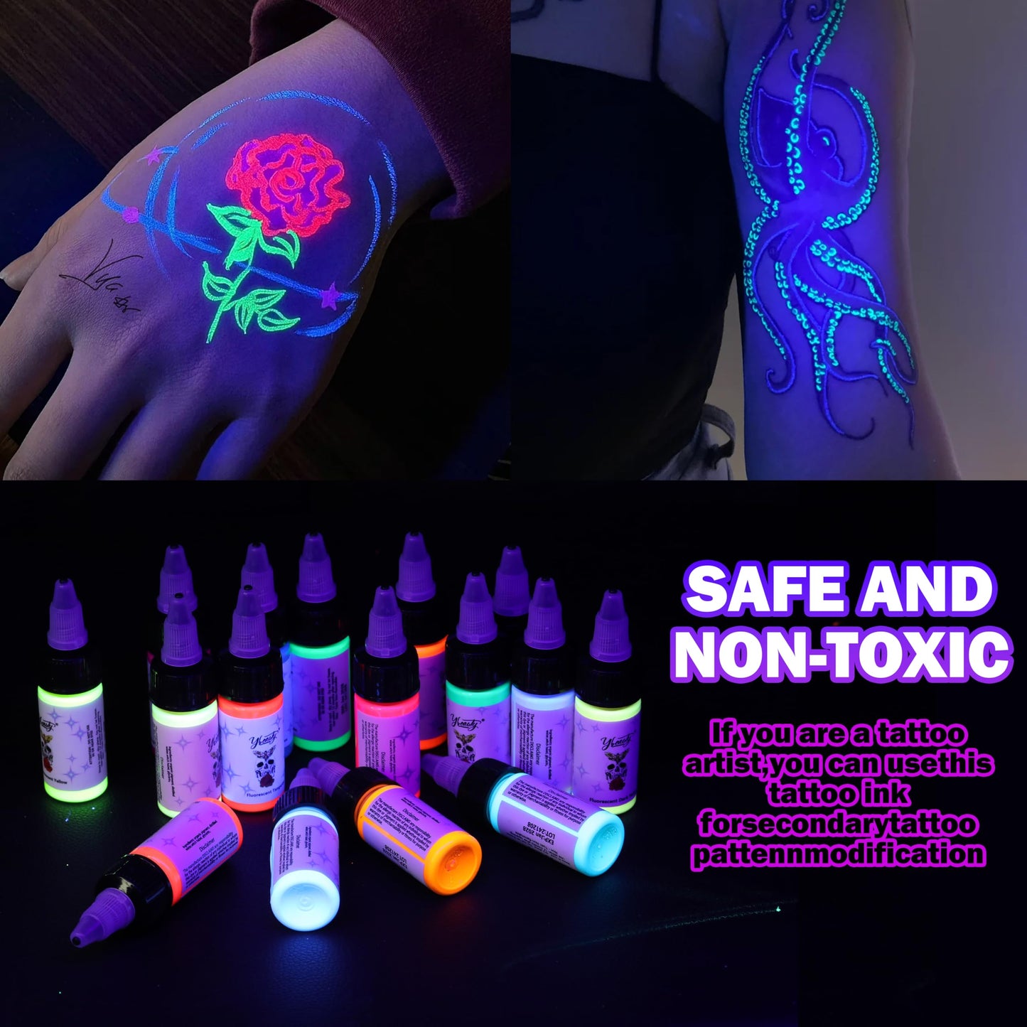 Ybeauty 16 Color Tattoo Ink Set – 16x 15ml Fluorescent UV Glow Inks for Halloween & Cosplay
