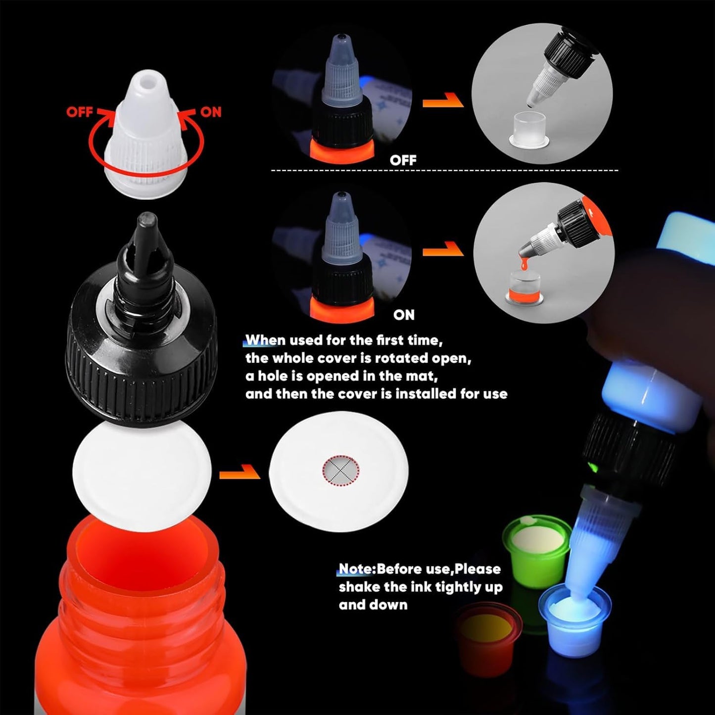 Ybeauty 16 Color Tattoo Ink Set – 16x 15ml Fluorescent UV Glow Inks for Halloween & Cosplay
