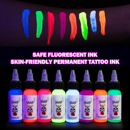 Ybeauty UV Tattoo Ink Set – 8-Color Glow Fluorescent Inks (5ml Each)