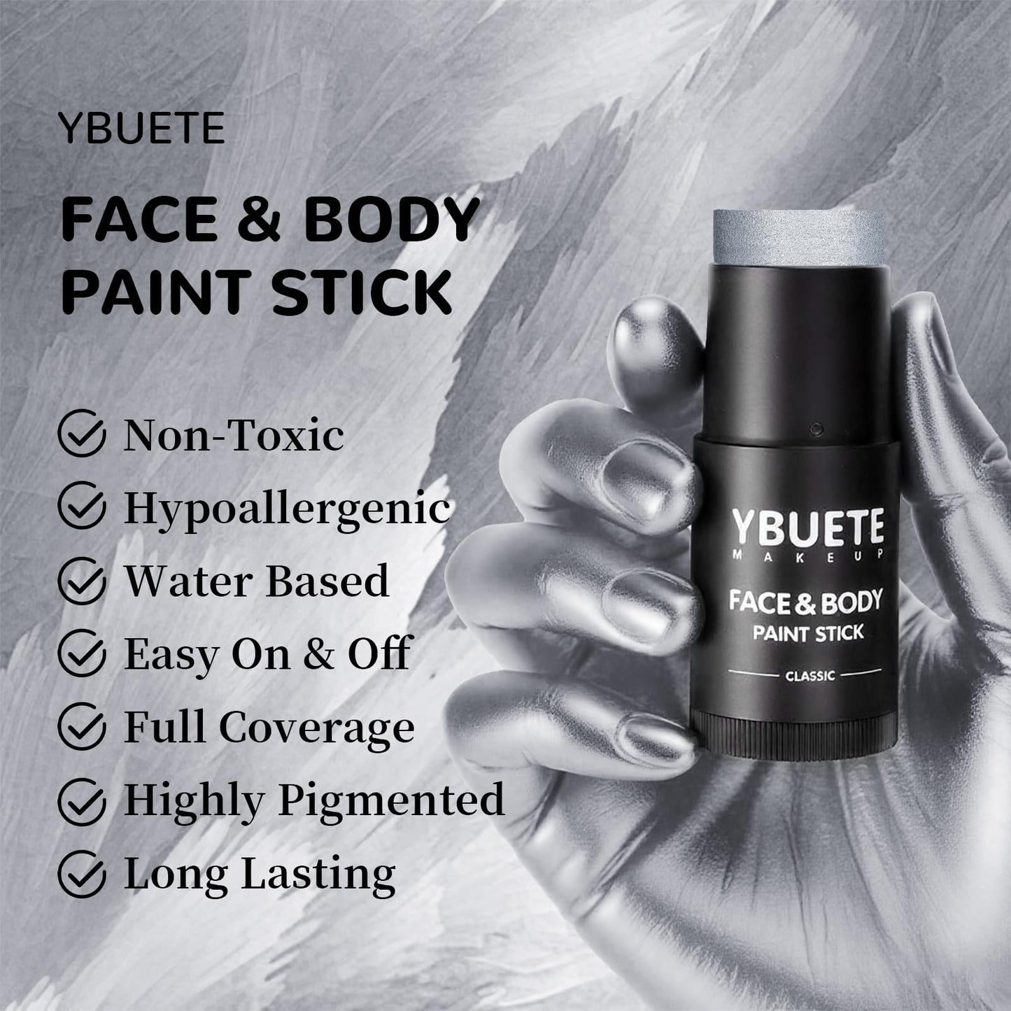 YBUETE Silver Face Body Paint Stick – Professional Full-Coverage SFX Makeup for Halloween & Cosplay