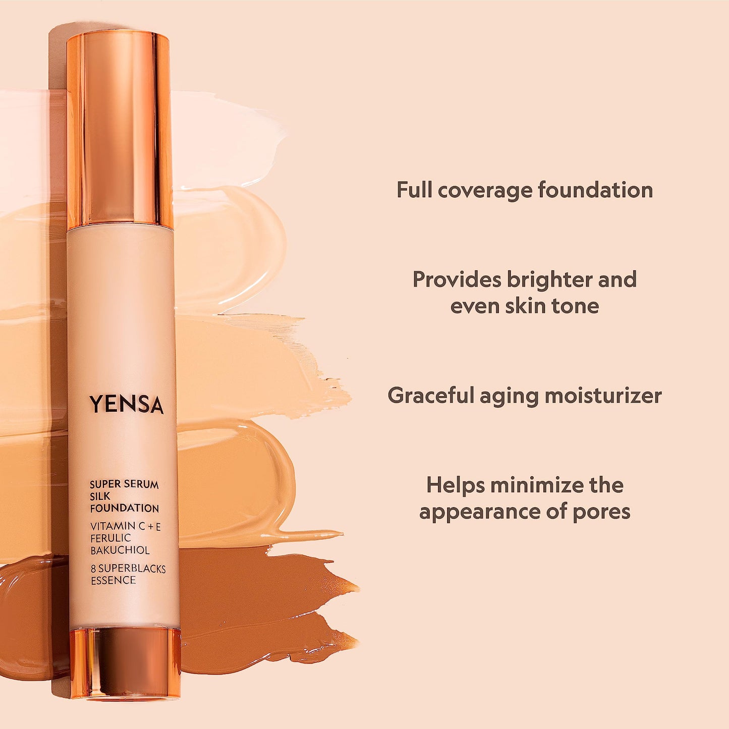 YENSA Serum Foundation Makeup – Super Silk Full Coverage with Peptides, Vitamin C & Ferulic Acid | Fair 3 (1 oz)