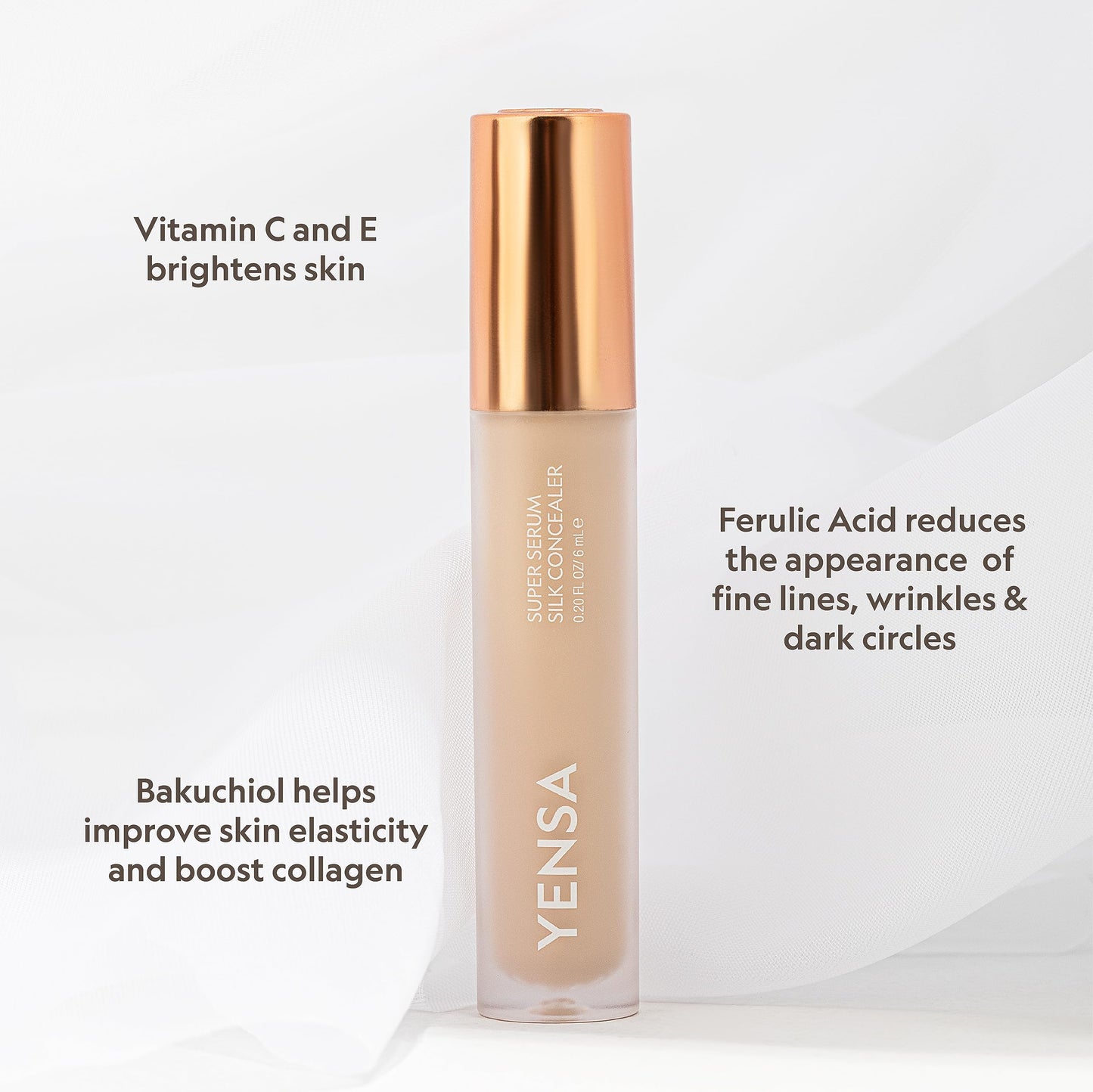 YENSA Super Serum Silk Concealer – Full Coverage Undereye + Peptide Serum (Vitamin C & E, Bakuchiol) – Tan 1
