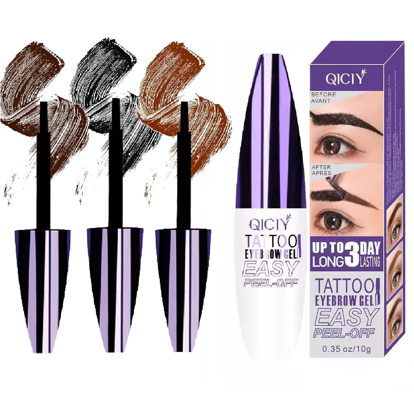 Yetary QICIY 3PCS Peel-Off Eyebrow Gel — Waterproof Tattoo Brow Tint in Brown, Light Brown & Gray Brown