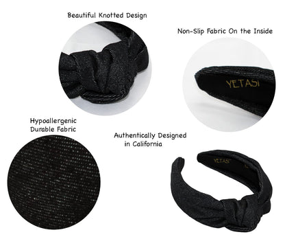YETASI Black Denim Top Knot Headband for Women – Chic, Comfortable Denim Hair Accessory
