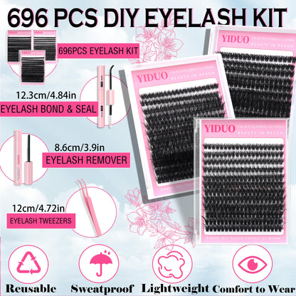 YIDUO Volume Lashes Cluster Kit 60D+80D+100D – 696Pcs DIY Lash Extensions