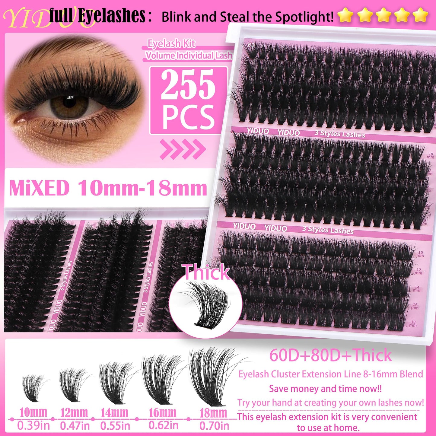 YIDUO YlDUO Lashes Clusters Kit – 835 Pcs, 7-Style Mix, C-Curl DIY Extensions Kit 9–18mm