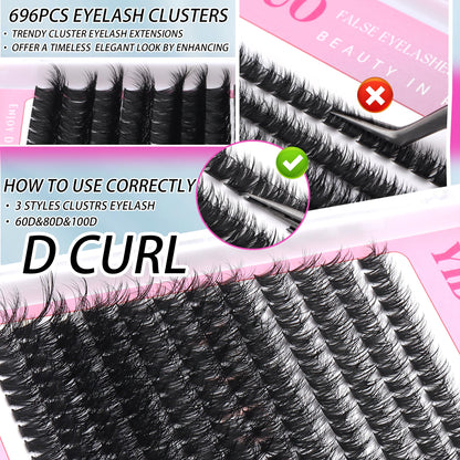 YIDUO Volume Lashes Cluster Kit 60D+80D+100D – 696Pcs DIY Lash Extensions