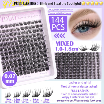 YIDUO YlDUO Lashes Clusters Kit – Natural C/D Curl Wispy Extensions, DIY Kit with Glue x2, Tweezers, Remover, Brush