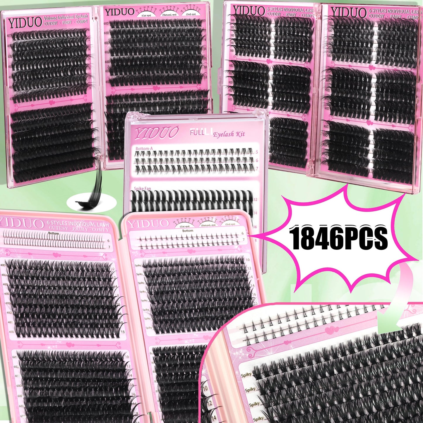 YIDUO Lashes Clusters Kit – 1864 Pcs Bulk Pack Volume False Eyelash Extensions, D Curl Wispy, Studio Effect + Glue, Seal, Tweezers, Remover, Cleanser