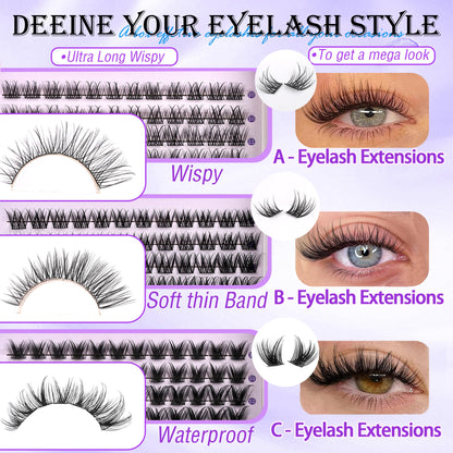 YIDUO YlDUO Lashes Clusters Kit – Natural C/D Curl Wispy Extensions, DIY Kit with Glue x2, Tweezers, Remover, Brush