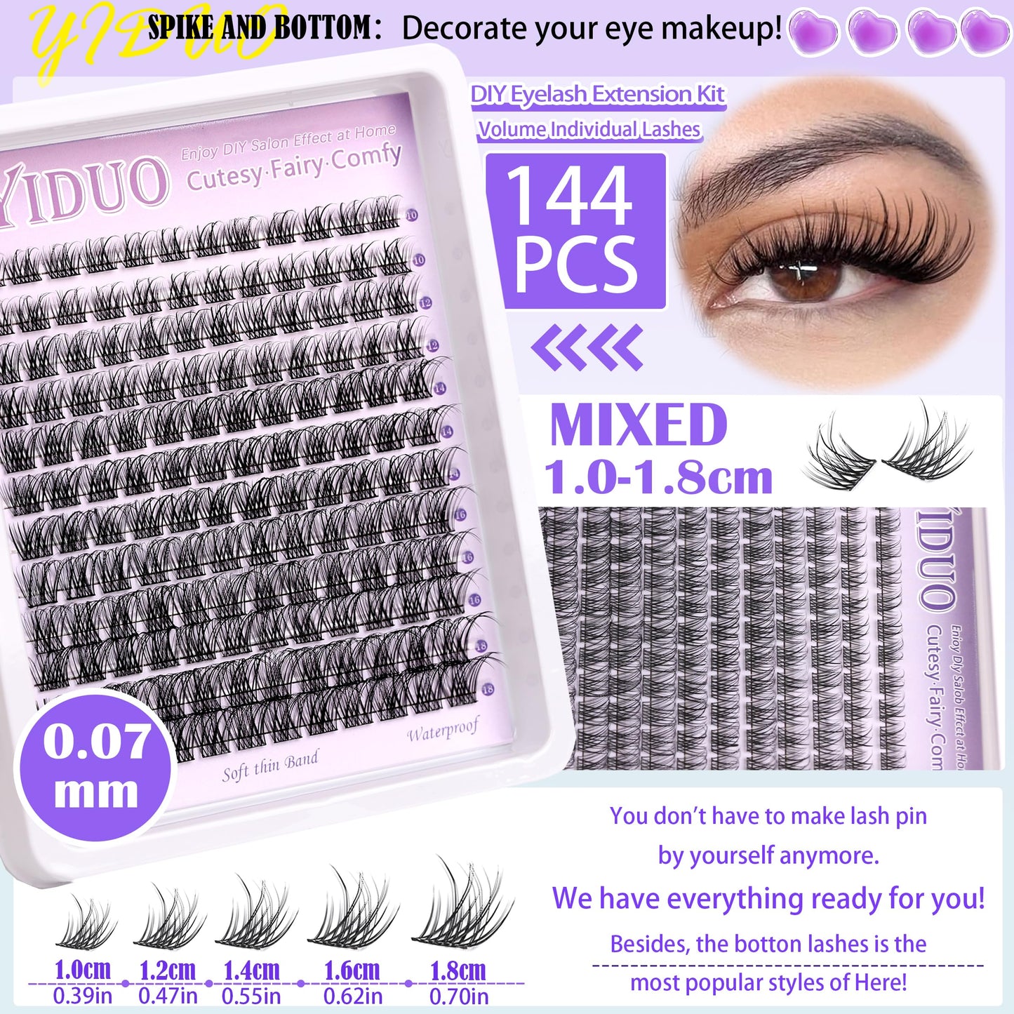 YIDUO YlDUO Lashes Clusters Kit – Natural C/D Curl Wispy Extensions, DIY Kit with Glue x2, Tweezers, Remover, Brush