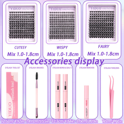 YIDUO YlDUO Lashes Clusters Kit – Natural C/D Curl Wispy Extensions, DIY Kit with Glue x2, Tweezers, Remover, Brush