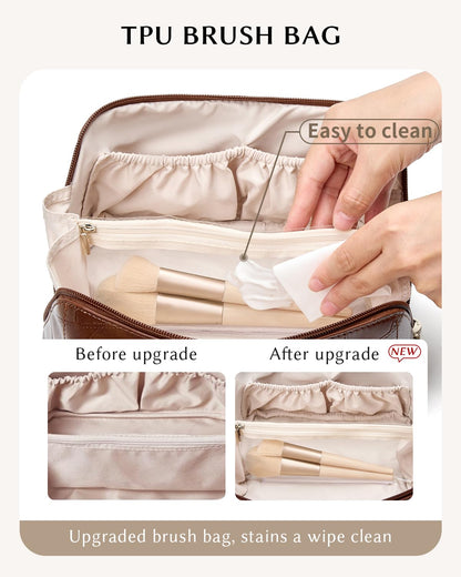 Yikisite Makeup Bag – Travel Cosmetic Organizer with Divider, Waterproof PU Leather Brown
