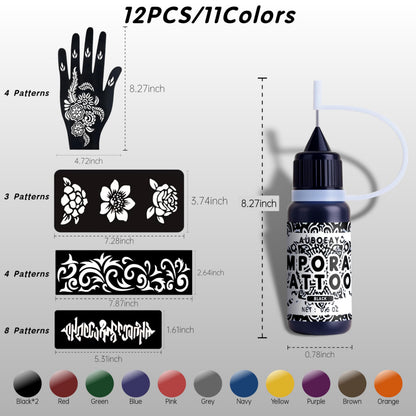 YOEALABY Temporary Tattoo Kit – 12 Ink Bottles, 11 Colors, 18 Stencils for Adults & Kids | Safe & Easy DIY Tattoos