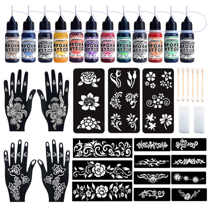 YOEALABY Temporary Tattoo Kit – 12 Ink Bottles, 11 Colors, 18 Stencils for Adults & Kids | Safe & Easy DIY Tattoos