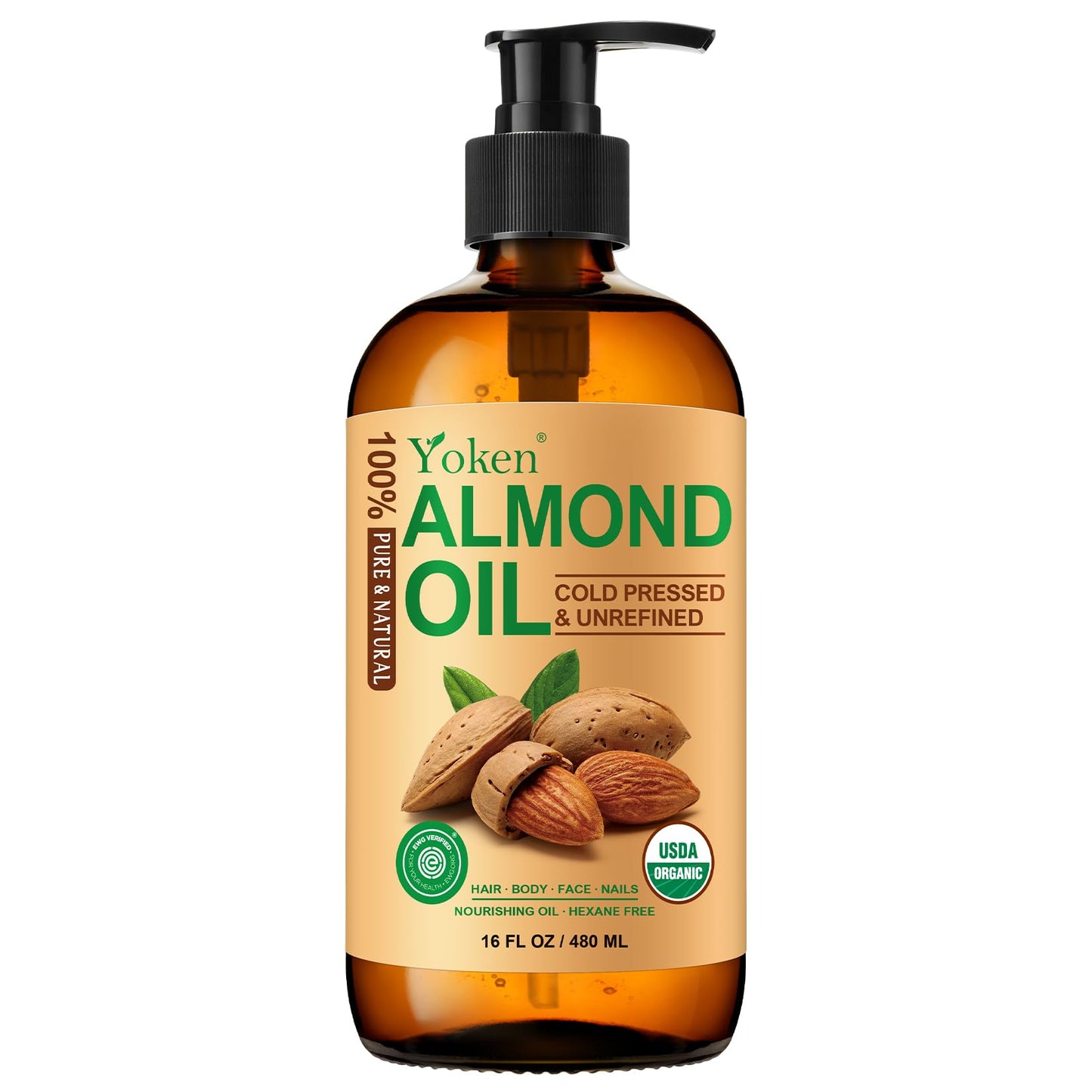 Yoken Organic Almond Oil 16 oz – 100% Pure Cold-Pressed in Amber Glass