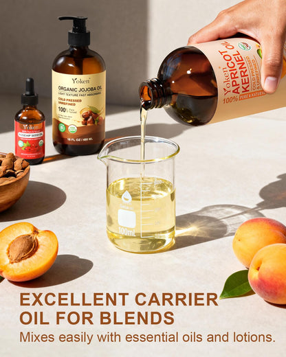 Yoken Cold Pressed Apricot Kernel Oil 16 oz – 100% Pure, Unscented Carrier Oil for Skin & Hair