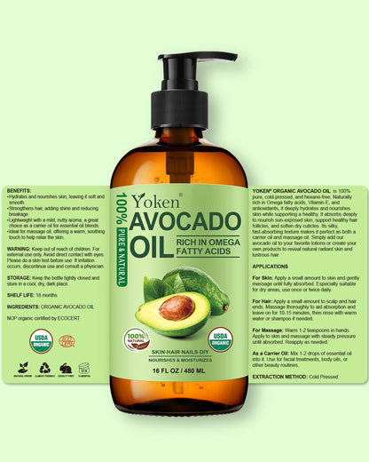 Yoken USDA Organic Avocado Oil, Cold Pressed - 16oz Glass Bottle | Moisturizing, Unscented Carrier Oil for Skin, Hair & Scalp
