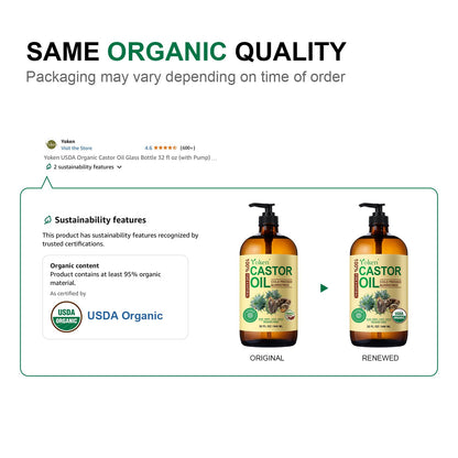 Yoken EWG Verified Castor Oil – 32 oz with Pump, Pure Cold-Pressed, Hexane-Free