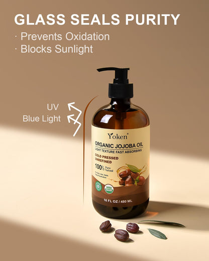 Yoken Organic Jojoba Oil – 16 fl oz USDA Certified, 100% Pure & Natural