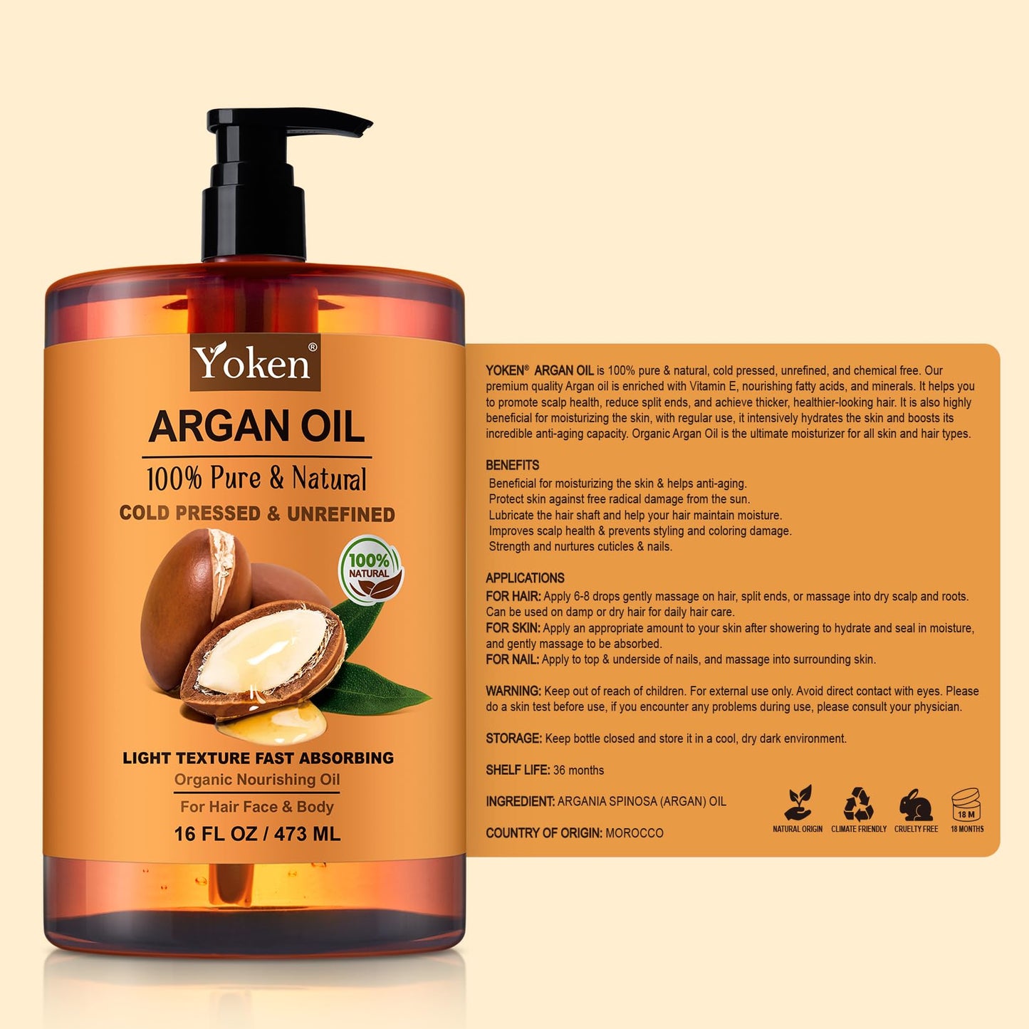 Yoken Pure Argan Oil 16 oz – 100% Natural, Cold-Pressed, Unrefined