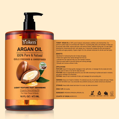 Yoken Pure Argan Oil 16 oz – 100% Natural, Cold-Pressed, Unrefined