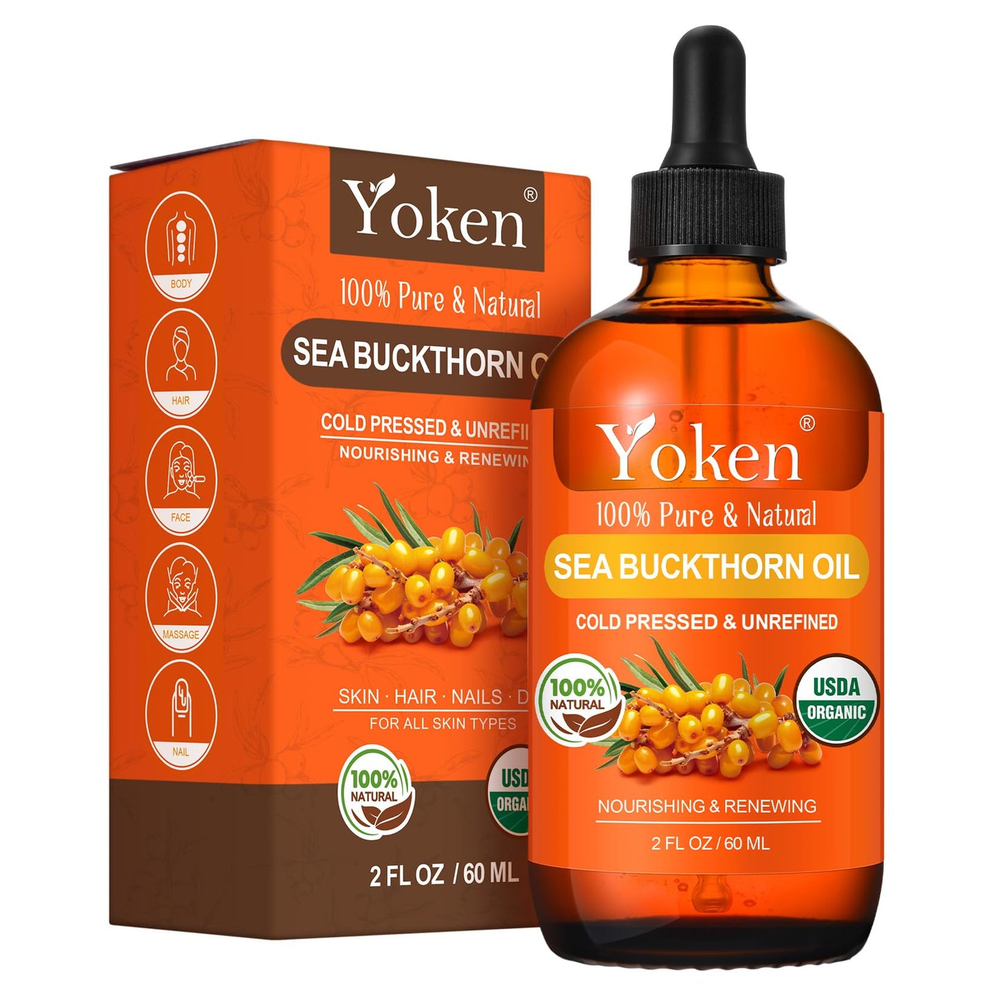Yoken USDA Sea Buckthorn Oil Organic – 2oz Cold-Pressed Facial Oil for Face, Hair & Nails