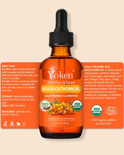 Yoken USDA Sea Buckthorn Oil Organic – 2oz Cold-Pressed Facial Oil for Face, Hair & Nails