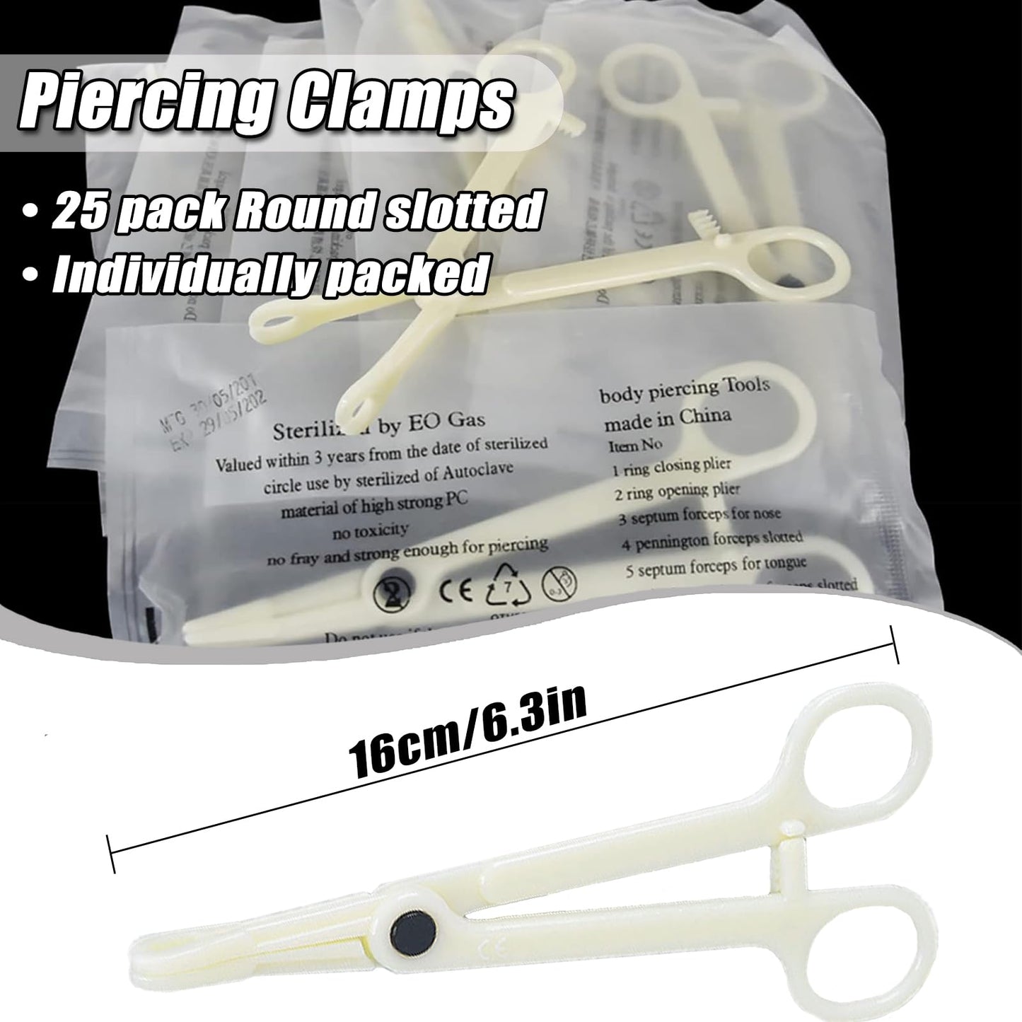 YONGDA 25Pcs Disposable Piercing Clamps – Self-Locking, Round Slot, PVC, Home & Studio Use