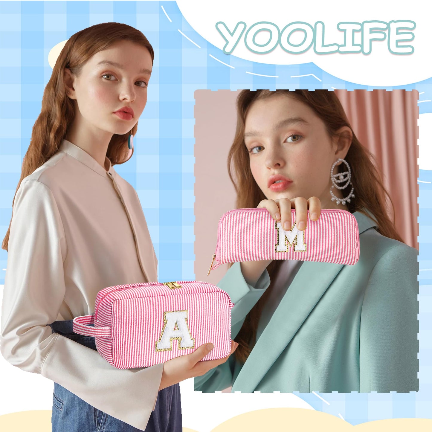 YOOLIFE Monogram Initial Blue Makeup Bag – 2-Pack Gift for Women, Personalized Letter C