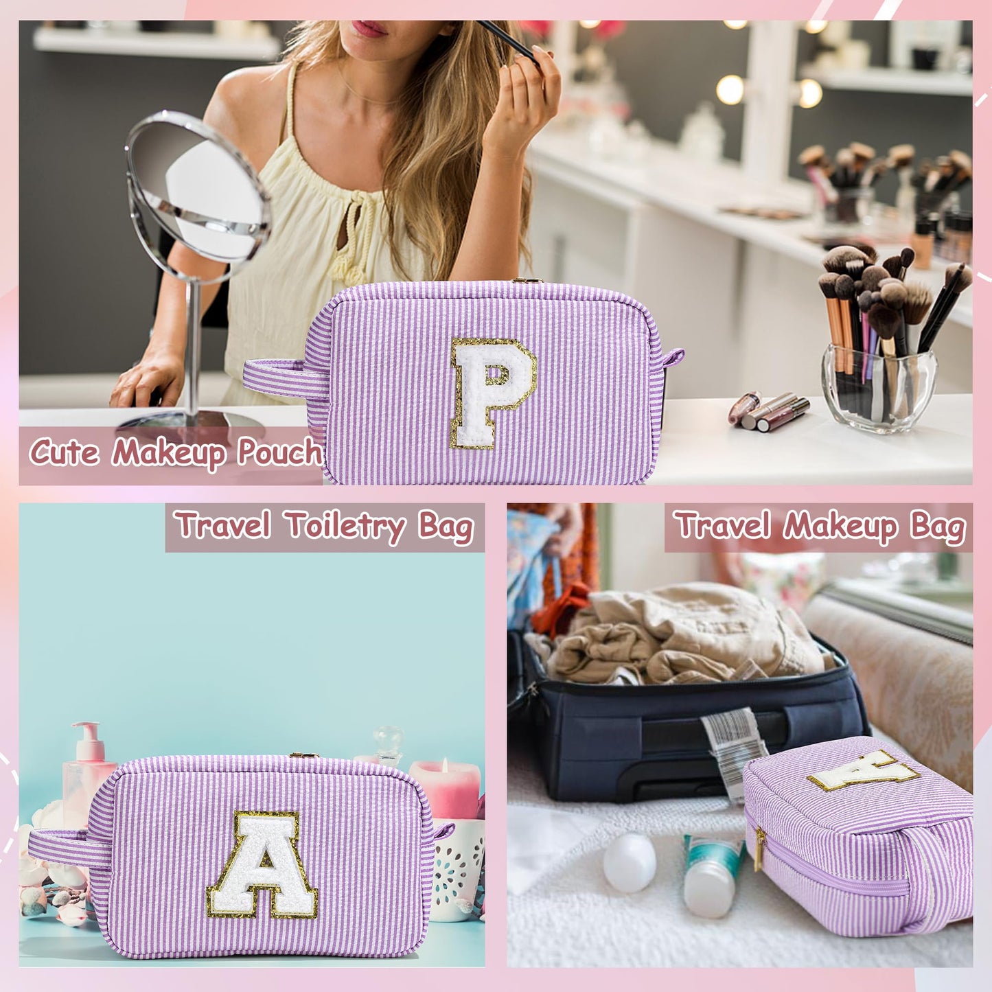 YOOLIFE Gifts for Mom - Personalized Initial Makeup Bags (Purple) 2-Pack