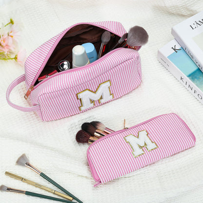 YOOLIFE Initial Travel Makeup Bag Set – 2-Pack Monogram Cosmetic Bags (Pink A) | Gift for Women, Teens & Moms