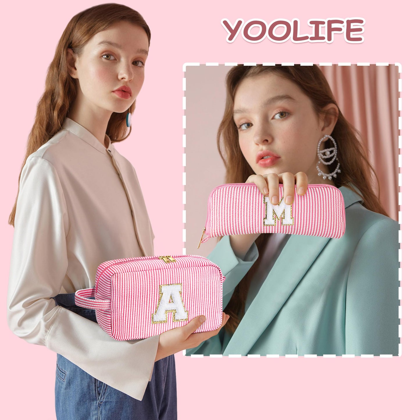 YOOLIFE Initial Travel Makeup Bag Set – 2-Pack Monogram Cosmetic Bags (Pink A) | Gift for Women, Teens & Moms