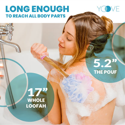 Yoove Loofah Back Scrubber with Bamboo Charcoal Infusion | 17-Inch Wooden Handle Pink Loofah Set