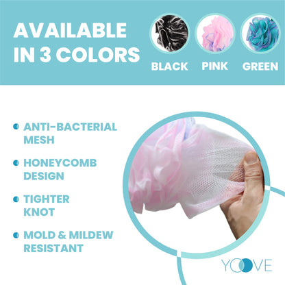 Yoove Loofah Back Scrubber with Bamboo Charcoal Infusion | 17-Inch Wooden Handle Pink Loofah Set