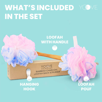 Yoove Loofah Back Scrubber with Bamboo Charcoal Infusion | 17-Inch Wooden Handle Pink Loofah Set
