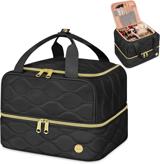YOREPEK Travel Makeup Organizer Bag – 2-Layer Portable Cosmetic Case for Women (Black)
