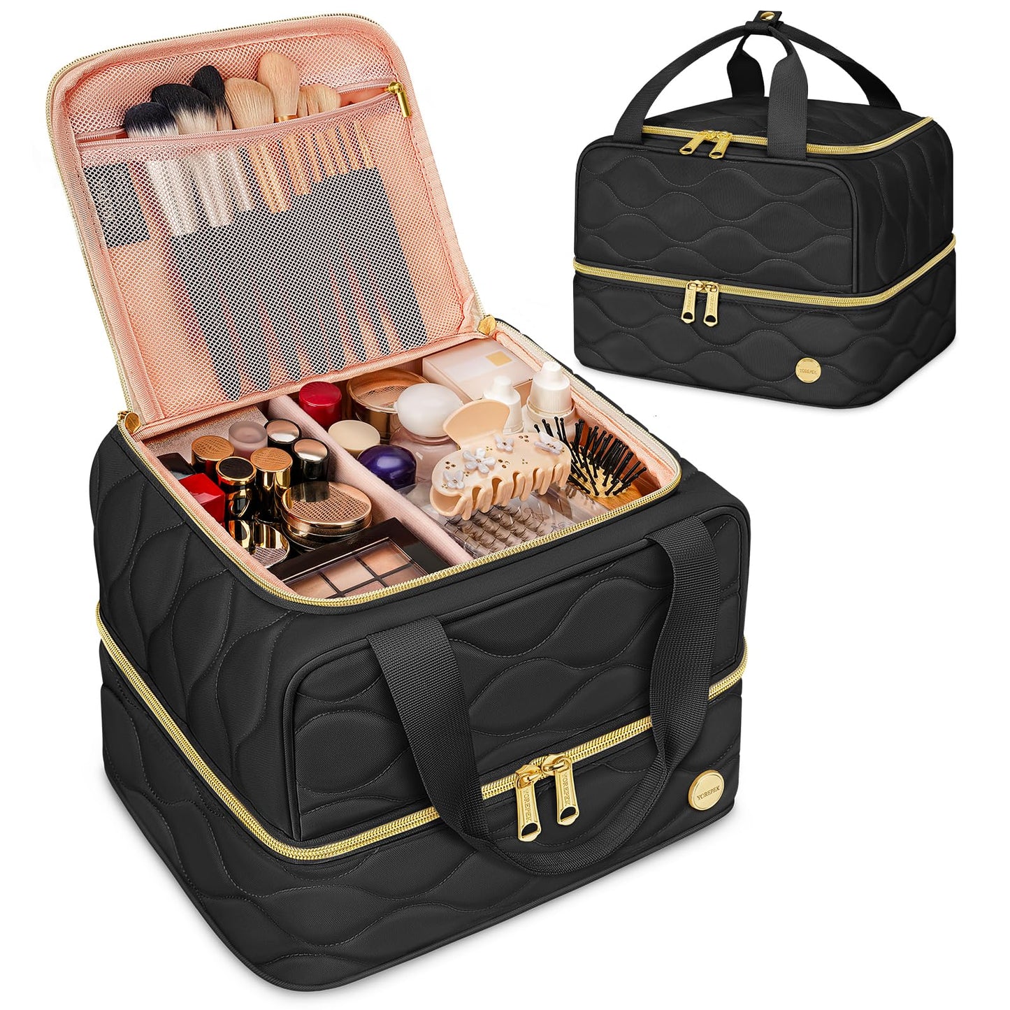 YOREPEK Travel Makeup Organizer Bag – 2-Layer Portable Cosmetic Case for Women (Black)