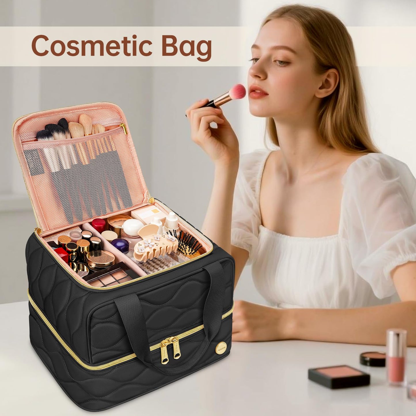 YOREPEK Travel Makeup Organizer Bag – 2-Layer Portable Cosmetic Case for Women (Black)