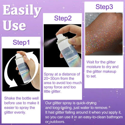 Yosca Body Glitter Spray 3-Pack – Silver Holographic Shine for Skin, Hair & Clothes