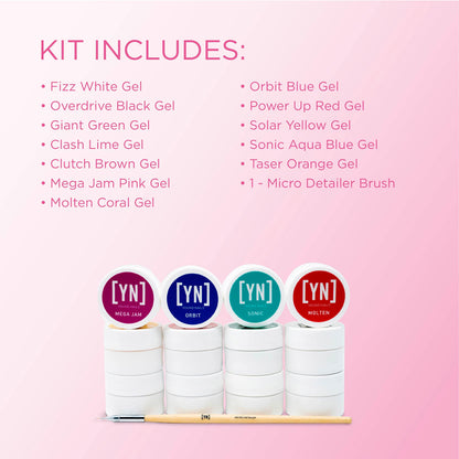 Young Nails Mission Control Precision Gel Kit – 12-Color Gel Paint for Nail Art, LED Curing
