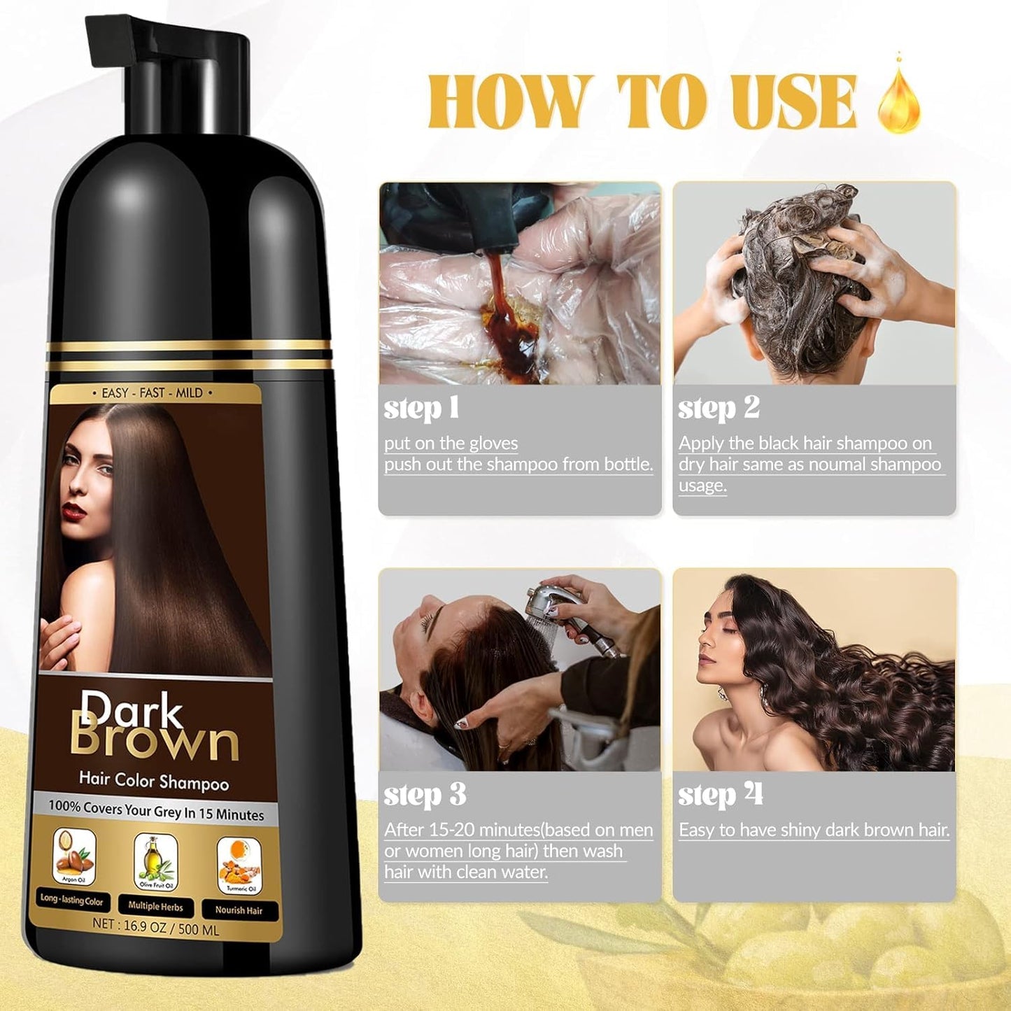 YOURTONE Dark Brown Hair Dye Shampoo for Gray Hair – 3-in-1, Semi-Permanent, 500ML