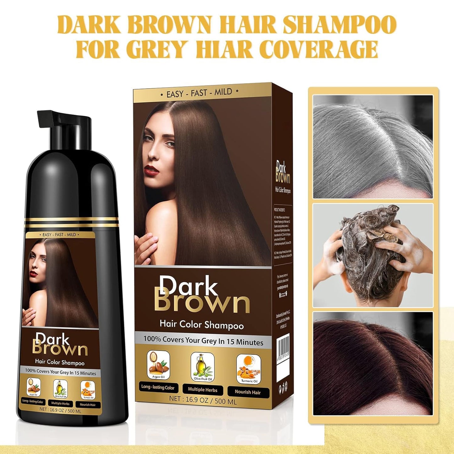 YOURTONE Dark Brown Hair Dye Shampoo for Gray Hair – 3-in-1, Semi-Permanent, 500ML