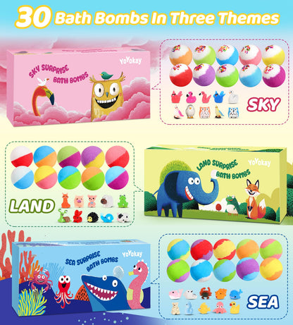 YoYokay 30 Kids Bath Bombs with Toys Inside – Ocean, Land & Sky Surprises