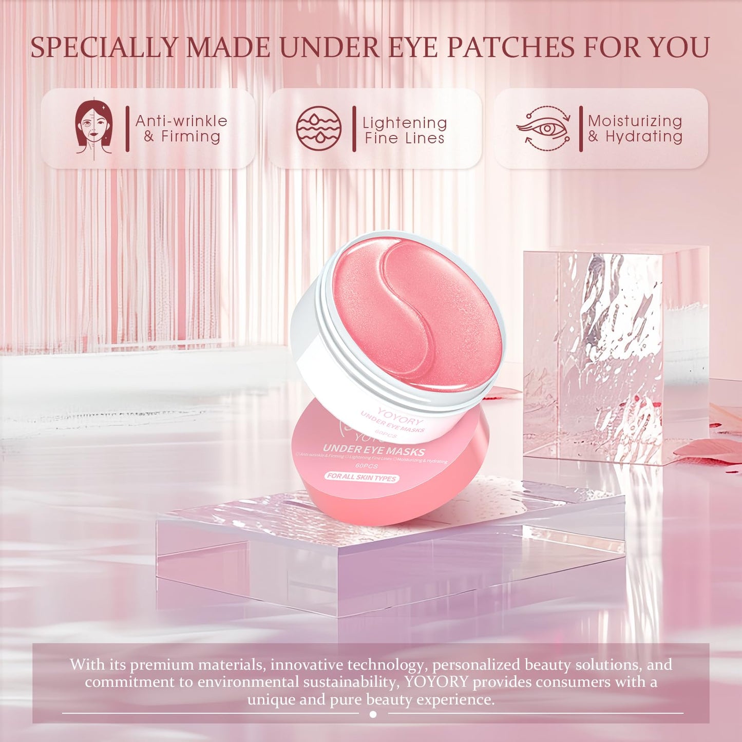YOYORY Under Eye Patches – Collagen & Hyaluronic Acid for Dark Circles, Puffiness, Fine Lines (60 Pcs, Pink)