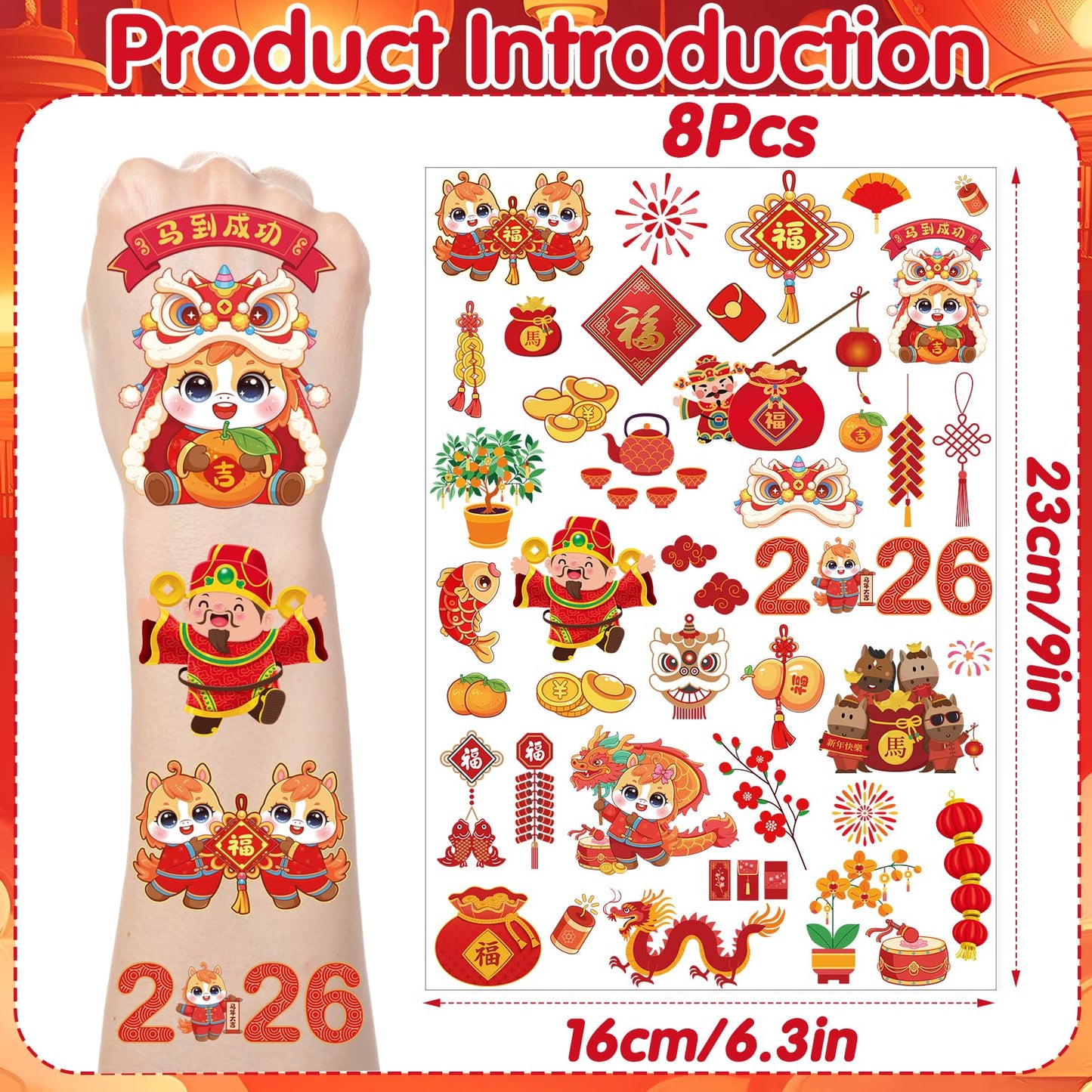 Yoyuspy Chinese New Year Tattoos – 200+ Designs, 8 Sheets, Horse Zodiac & Red Envelopes