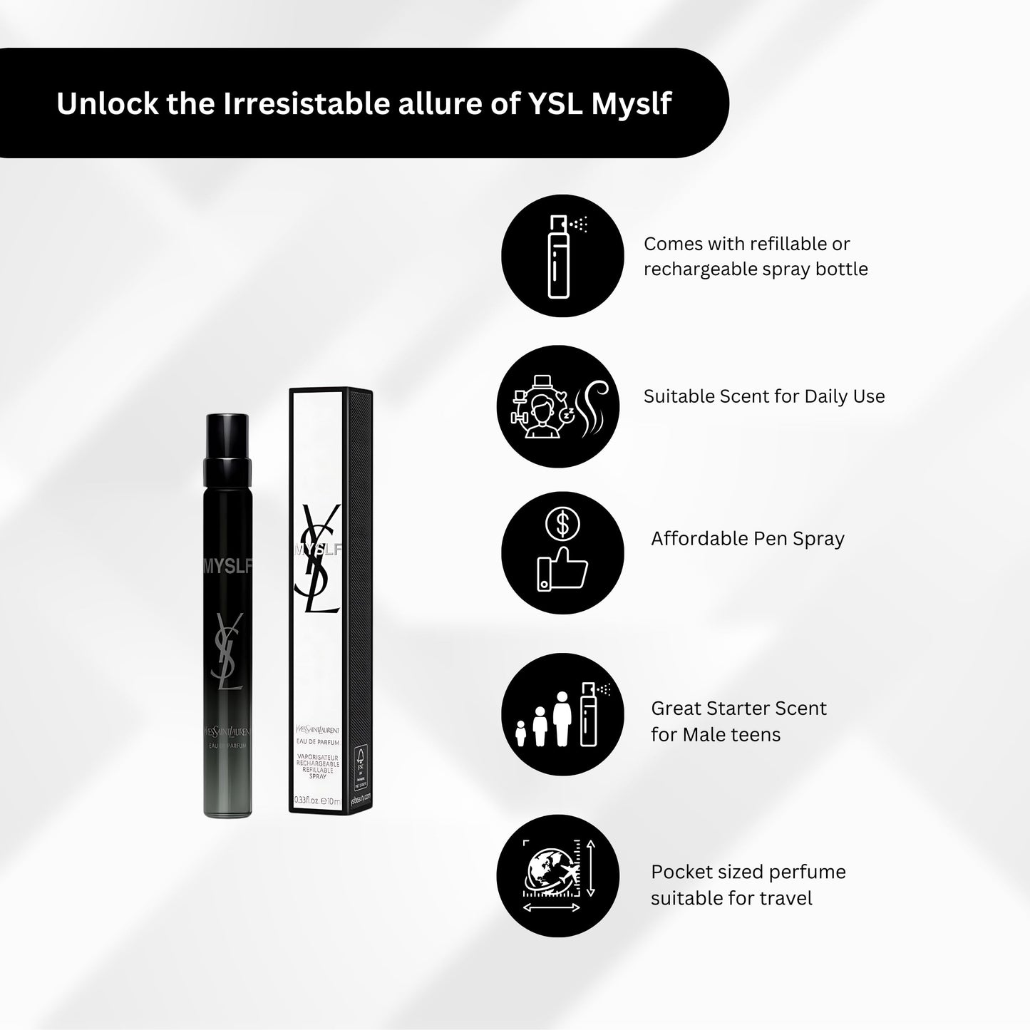 Yves Saint Laurent MYSLF EDP Travel Spray – 0.33 oz (10 ml) – Refillable Woody Floral Perfume for Women