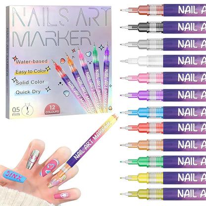 YUEUR 12 Colors Nail Art Pens Set – Fine Tip 0.5mm, 3-in-1 Tools, DIY Home Salon